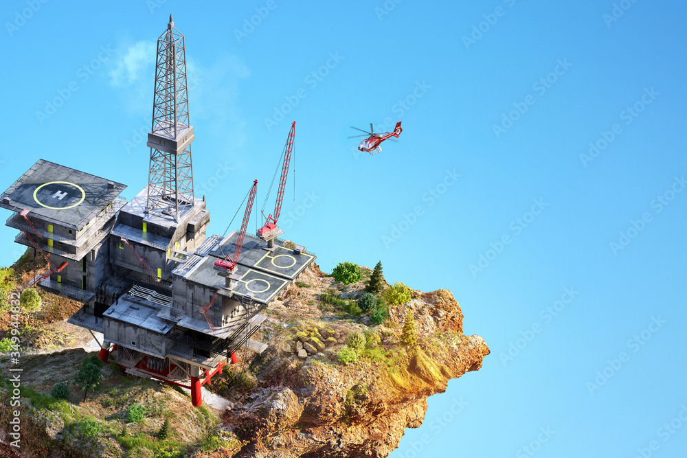 Flying island with jack up rig oil gas offshore processing platform isolated on blue sky. Isometric drilling rig design background. Oil gas exploring, petroleum production industry, 3D illustration Flying island with jack up rig oil gas offshore processing platform isolated on blue sky. Isometric drilling rig design background. Oil gas exploring, petroleum production industry, 3D illustration