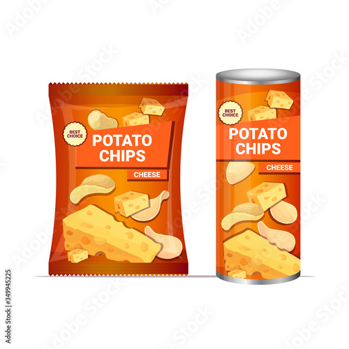 potato chips with cheese flavor crisps natural potatoes and packaging advertising design template isolated vector illustration