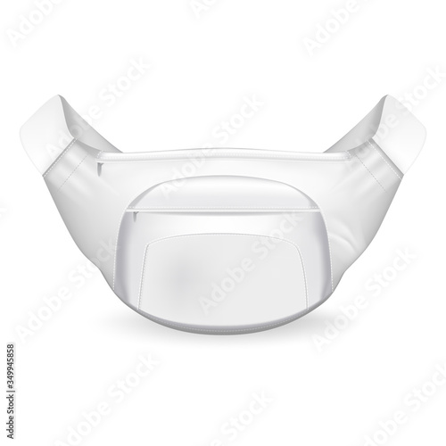 Waist bag. Modern mockup white waist bag with elegant protruding zip pocket built in center fashionable sports design sports travel close ups realistic graphics. Vector mockup style.