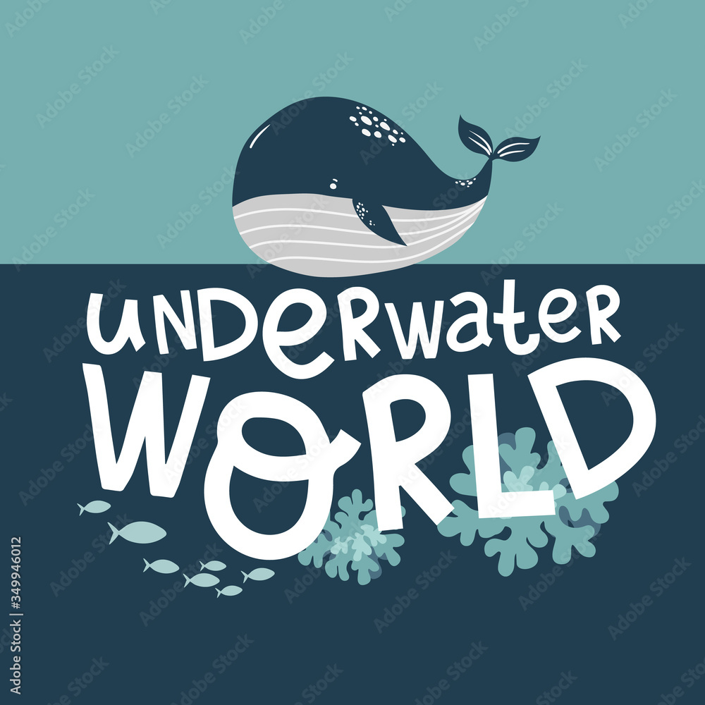 Naklejka premium letters underwater world lettering, blue whale and small fish, cartoon vector illustration hand drawing