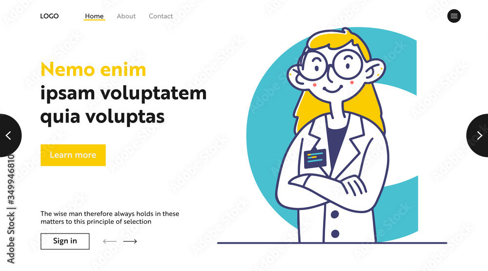 Female doctor in white coat and glasses. Practitioner, physician, badge flat illustration. Examination, checkup, healthcare concept for banner, website design or landing web page Female doctor in white coat and glasses. Practitioner, physician, badge flat illustration. Examination, checkup, healthcare concept for banner, website design or landing web page