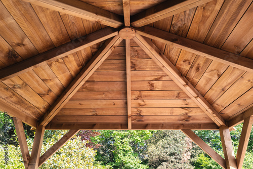 Konstfotografi The inside roof of a wooden garden gazebo, looking up and out from within