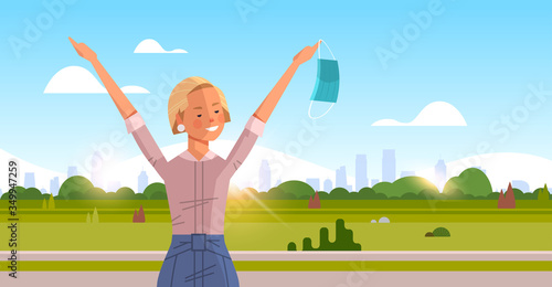 woman holding medical mask coronavirus win defeated covid-19 girl celebrating victory over nCoV virus ending pandemic quarantine concept cityscape background portrait horizontal vector illustration