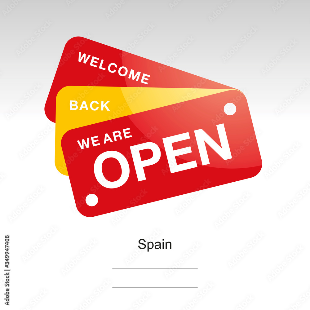 Obraz premium We are open welcome back Spanish flag ribbon logo icon label