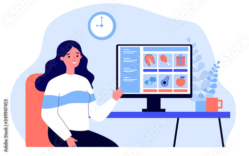 Customer choosing food in online grocery store. Woman at computer, internet shop flat vector illustration. Service, food order during lockdown concept for banner, website design or landing web page