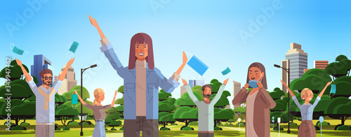 people holding medical masks coronavirus win defeated covid-19 men women celebrating victory over nCoV ending pandemic quarantine cityscape background horizontal portrait vector illustration