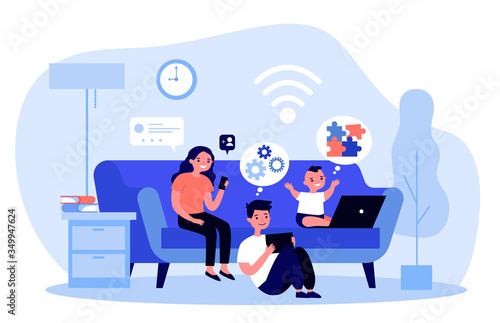 Children using devices at home. Smartphone, learning game, social media flat vector illustration. Communication, internet, lockdown concept for banner, website design or landing web page