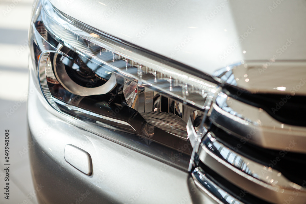 Closeup of a car headlight. Close up shot
