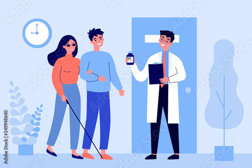 Disabled person visiting doctor office. Blind woman, assistant, hospital flat vector illustration. Disability, therapy, medical expertise concept for banner, website design or landing web page