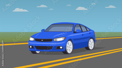 Blue car on the road. Modern and fast vehicle racing under the blue sky. Super design concept of luxury automobile. Vector illustration