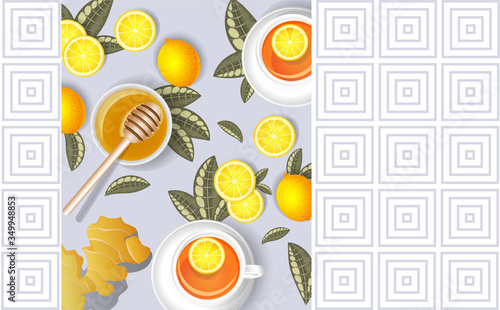 Vector background image of tea and lemons. The concept of preventive measures against a pandemic and seasonal diseases, a pleasant pastime in self-isolation. Tea ceremony. With place for your inscript photo