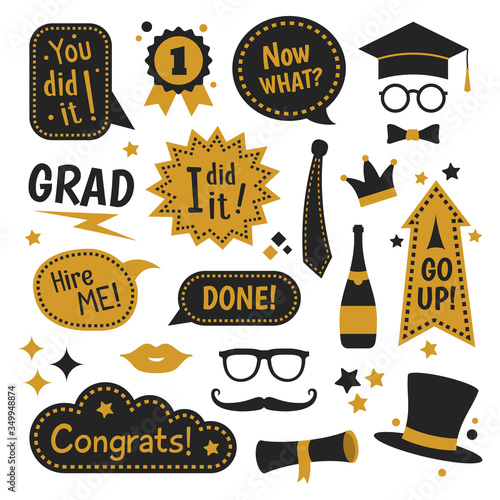Graduation photo booth flat icon collection. Graduating funny stickers, school party props, speech bubbles vector illustration set. Modern photo design and decoration concept