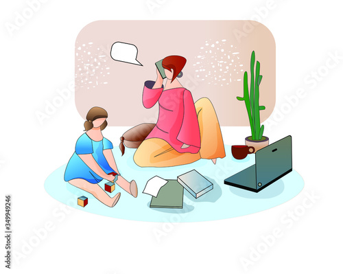 busy mom with kid working at home. Beautiful business mom is using a laptop and speaking the phone. while her cute little baby is sitting and playing on the floor.