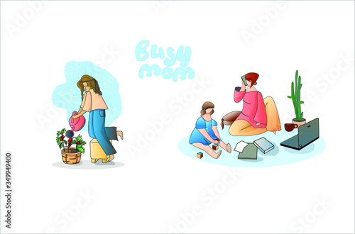 set of pictures of busy women. busy mom working at home. A young women, cartoon girl watering plants. 