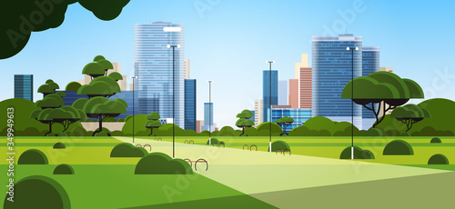 beautiful urban park in summer day city skyline skyskraper buildings cityscape background horizontal vector illustration