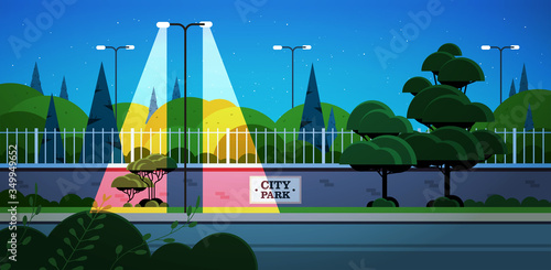 city park banner on fence beautiful night landscape background horizontal vector illustration