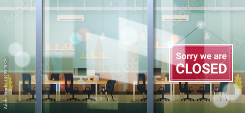 sorry we are closed sign hanging outside office window coronavirus pandemic quarantine bankruptcy commerce crisis concept horizontal vector illustration