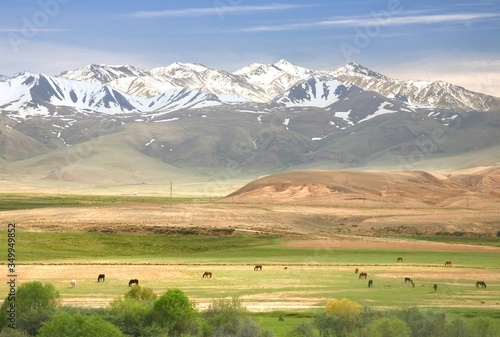 The beautiful scenic at Naryn with the Tian Shan mountains of Kyrgyzstan