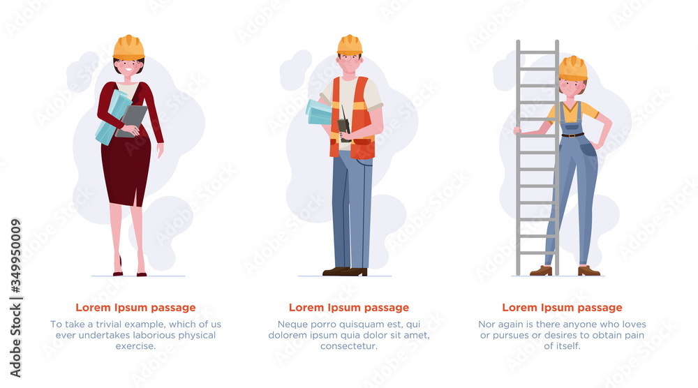 Architects and engineers set. Builders in hardhats, foreman flat illustration. Construction site, building, engineering concept for banner, website design or landing web page