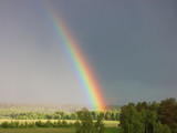 Rainbow over forest Panoramic view Cloudy landscape
