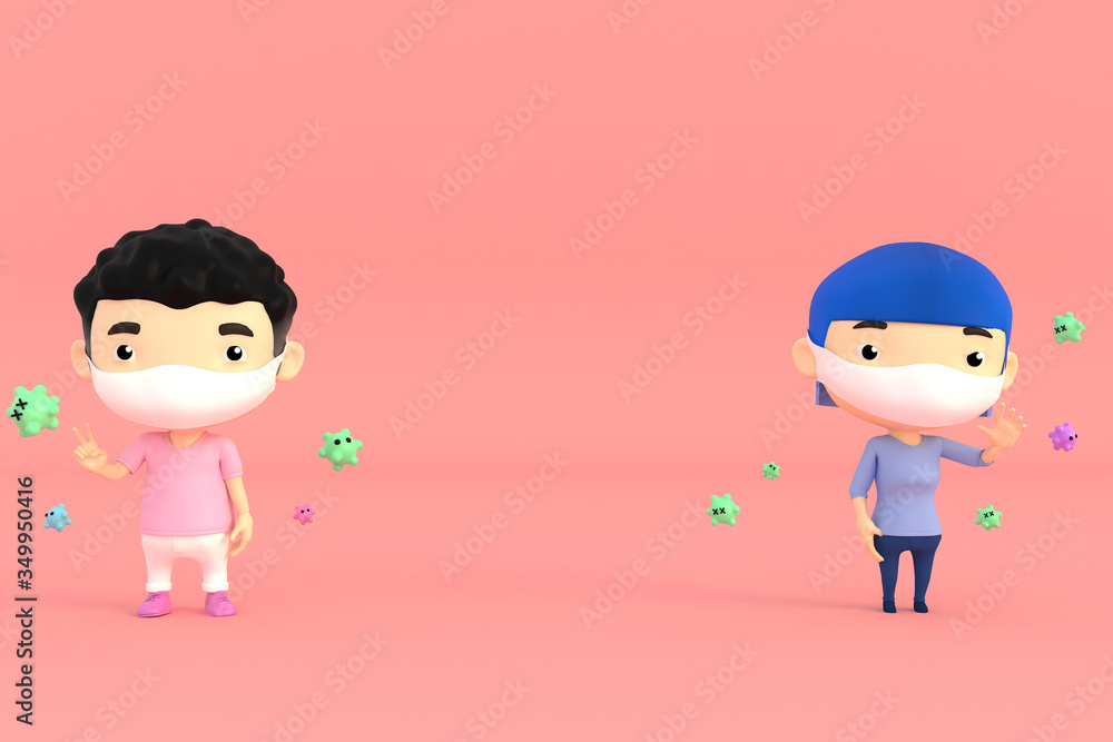 3d illustrator of cartoon characters. Boys and girls wearing surgical masks. Both of them are far apart to prevent germs and viruses. 3d illustrator of cartoon characters. Boys and girls wearing surgical masks. Both of them are far apart to prevent germs and viruses.