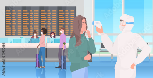 specialist in hazmat suit checking passengers temperature at airport terminal coronavirus pandemic concept covid-19 virus epidemic horizontal vector illustration
