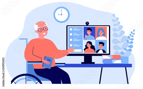 Family meeting online. Senior man having conference chat with children and grandchildren flat vector illustration. Distance, risk, lockdown concept for banner, website design or landing web page