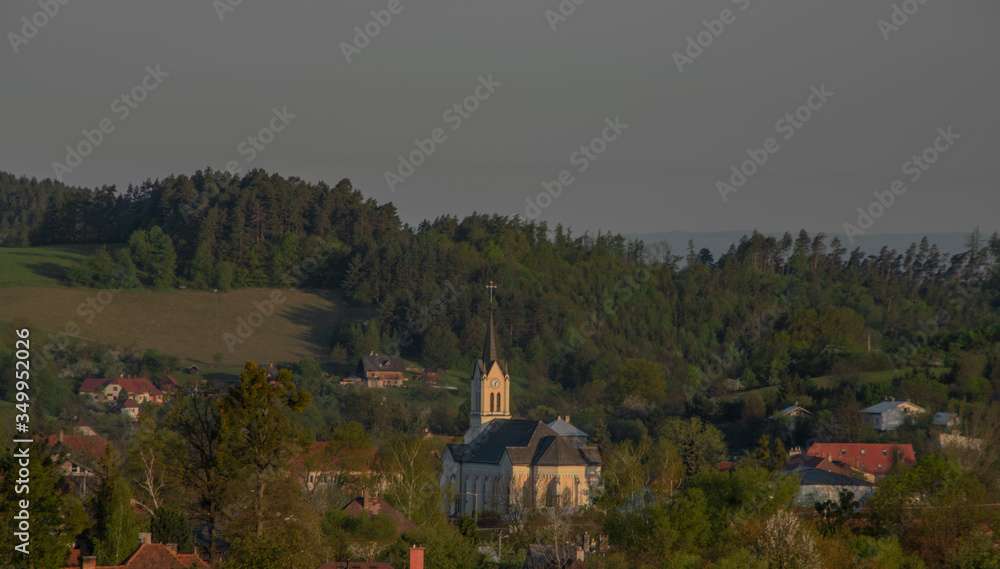 Church in Vidce village in Beskydy mountains in spring sunrise morning