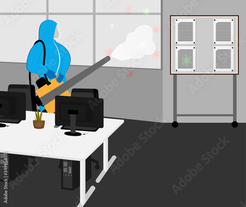 Sterilization, Illustration vector graphic of Disinfectant worker tries to cleaning the office, sterilization coronavirus or COVID-19.