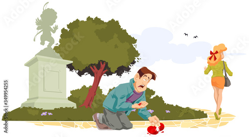 Breakup of couple. Sad man collects a broken heart. Girl left guy.