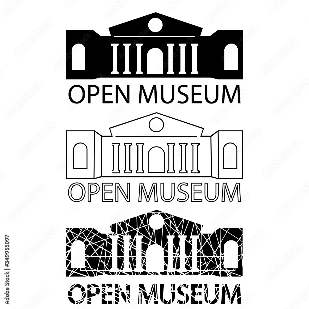 Museum Building icon. Open museum signboard. Set of museum icons. Building in flat, outline and glyph style iconic symbol. Vector