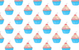 Seamless cute pattern of cupcakes with cherry