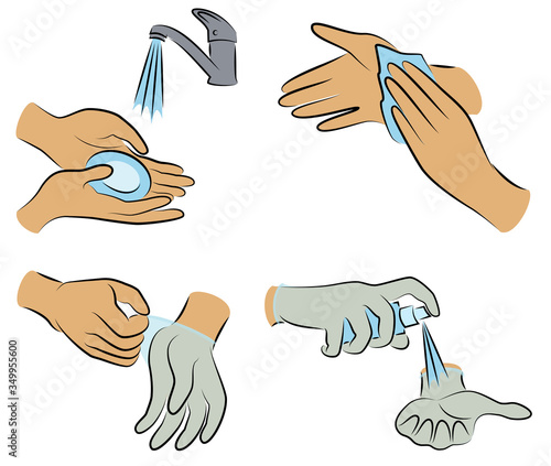 Collection of hygiene procedures. Wash your hands with soap under the tap, wipe with a napkin, treat with an antiseptic, wear rubber gloves. Vector illustration of a set