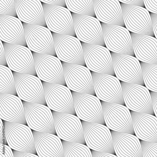 Vector geometric seamless pattern. Modern geometric background. Monochrome repeating pattern. Mesh with thin curved threads. © alla_ko