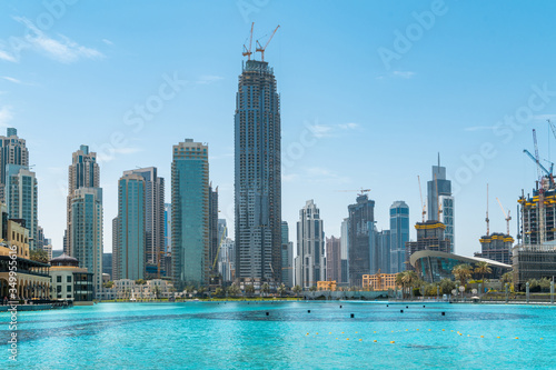 Panoramic view of Dubai skyscrapers in UAE. Dubai Marina prestigious residential area of Dubai close to the sea. Concept of financial success and luxury lifestyle. © VideoFlow
