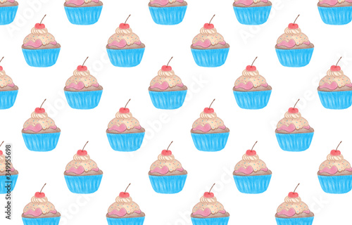 Seamless cute pattern of cupcakes with cherry