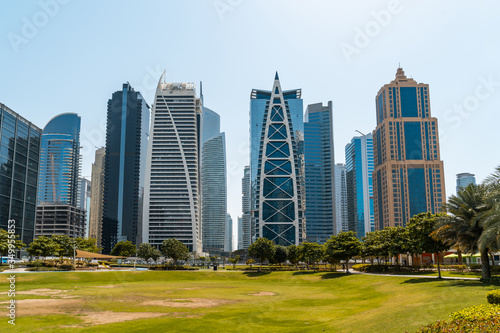 Panoramic view of Dubai skyscrapers in UAE. Dubai Marina prestigious residential area of Dubai close to the sea. Concept of financial success and luxury lifestyle. © VideoFlow