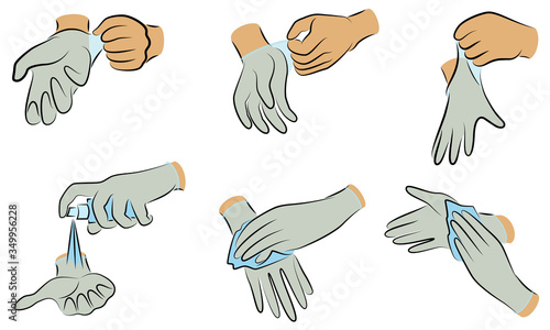 Collection of hygiene procedures. Wash your hands with soap under the tap, wipe with a napkin, treat with an antiseptic, wear rubber gloves. Vector illustration of a set