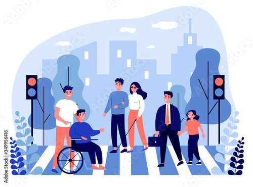 Disabled people crossing street. Blind woman, wheelchair, child flat vector illustration. Urban traffic, safety, rules concept for banner, website design or landing web page