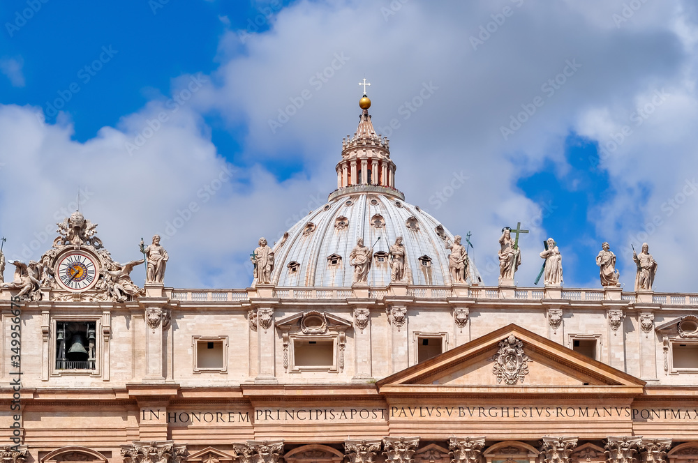 St. Peter`s basilica dome in Vatican, center of Rome, Italy