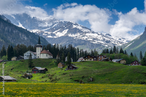 view of the Urnerboden village high up in the Swiss Alps in the canton of Uri in late spring