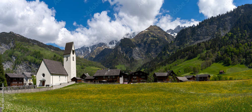historic village and church of Elm in the canton of Glarus in the heart of the Swiss Alps