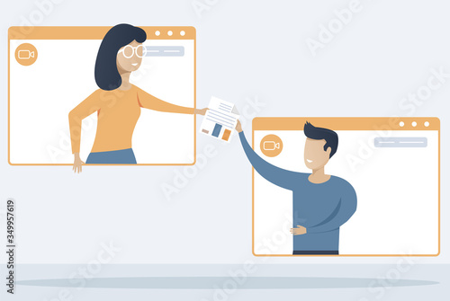 Video call concept. Online meeting. Smartphone in hand. Online communication concept. Virtual work meeting. Video chat. Flat vector illustration for web sites and banners design