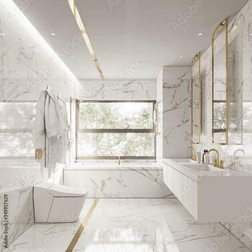 3d modern white bathroom with white marble, bathtub and toilet
