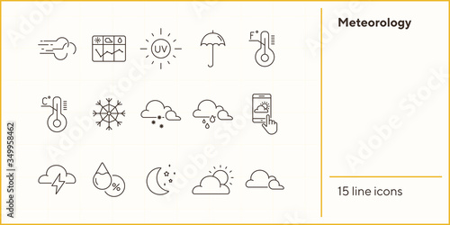Meteorology icon set. Cloud, forecast, snow. Climate concept. Can be used for topics like temperature, weather, precipitation
