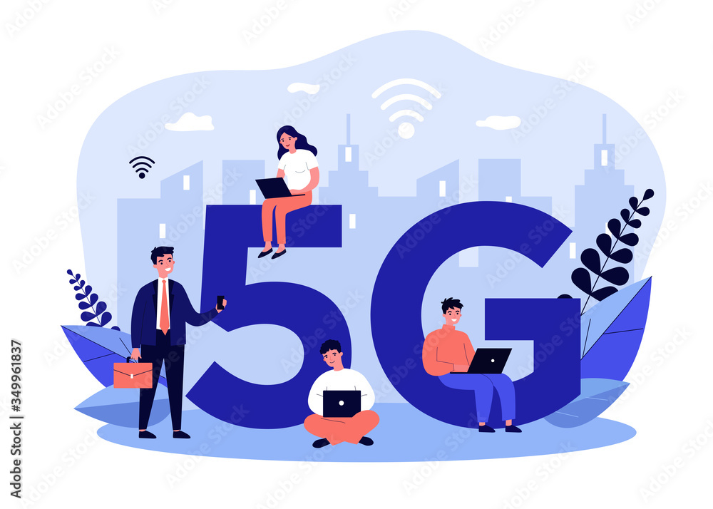 Devices users enjoying 5g city internet. People using smartphones and laptops. Can be used for communication, interaction, high speed wireless connection, telecom equipment, social network concept Devices users enjoying 5g city internet. People using smartphones and laptops. Can be used for communication, interaction, high speed wireless connection, telecom equipment, social network concept