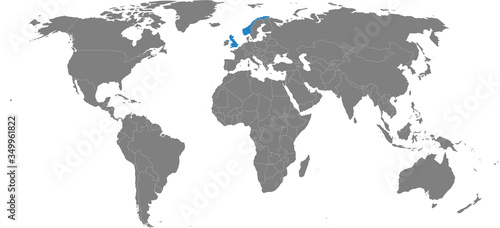 United kingdom, norway countries isolated on world map. Light gray background. Business concepts, diplomatic, trade and transport relations.