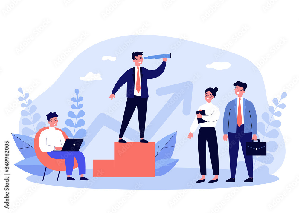 Business leader and his team. Businessman with spyglass looking faraway, managers with laptop and briefcase. Can be used for leadership, management, planning, training, challenge concept Business leader and his team. Businessman with spyglass looking faraway, managers with laptop and briefcase. Can be used for leadership, management, planning, training, challenge concept