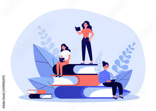 People reading books. Students studying textbook, doing homework. Vector illustration for literature, library, learning at home, education, knowledge concept
