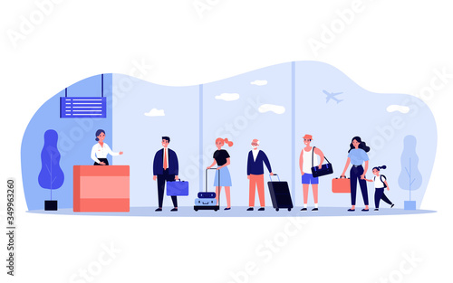 Line of travelers at check-in desk in airport. Queue of passengers waiting at registration counter. Can be used for travel, transportation, airlines, departure area concept